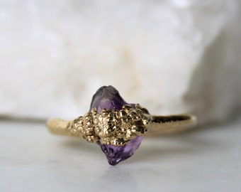 Raw amethyst ring, raw gemstone jewelry, gold ring, organic jewelry, gift for her