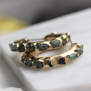 emerald earrings, raw stone jewelry, may birthstone, emerald hoops, gift for her