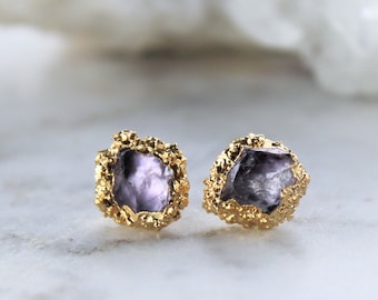 raw purple amethyst crystal gemstone gold stud earrings