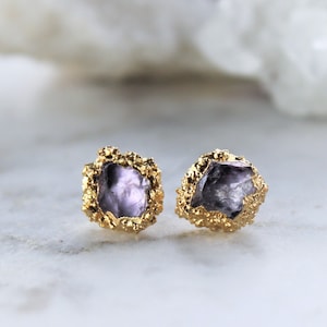 raw purple amethyst crystal gemstone gold stud earrings