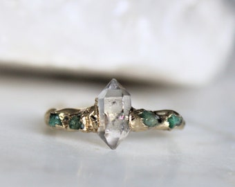 herkimer diamond ring, raw crystal jewelry, emerald ring, raw emerald, raw stone ring, may birthstone