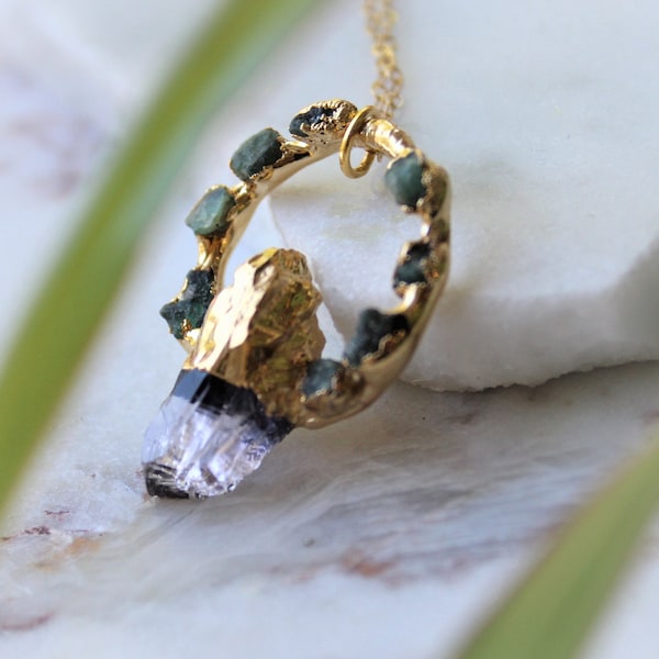 amethyst necklace, raw emerald