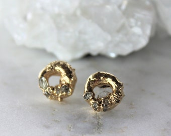 herkimer diamond earrings, diamond hoops, raw crystal studs, gold crystal earrings, textured gold earrings, raw diamond earrings