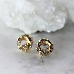 herkimer diamond earrings, diamond hoops, raw crystal studs, gold crystal earrings, textured gold earrings, raw diamond earrings