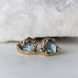 aquamarine studs, stud earrings, raw aquamarine, gold earrings, gold studs, raw gemstone jewelry, march birthstone