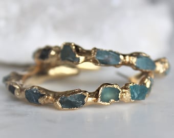 apatite hoop earrings, raw apatite earrings, gold hoop earrings, raw stone hoops