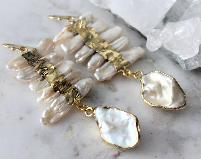 Pearl Earrings, Pearl Stick Earrings, Textured Gold, Organic Earrings ...
