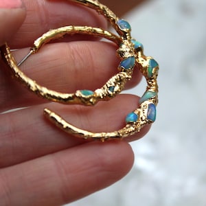 opal earrings, opal hoops, opal earrings, statement earrings, gold hoops, october birthstone, gifts for her, fire opal earrings
