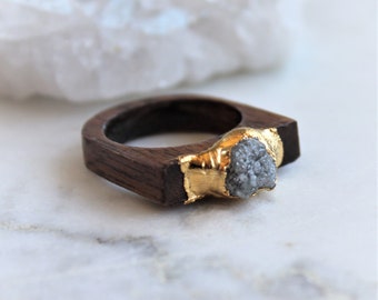 raw diamond ring, wood ring, raw gemstone jewelry, gold ring, organic jewelry, gift for her