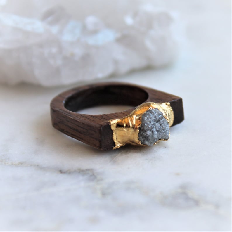 raw diamond ring, wood ring, raw gemstone jewelry, gold ring, organic jewelry, gift for her image 1