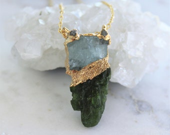 raw aquamarine necklace, chrome diopside, raw diamond necklace, raw gemstone jewelry, gold necklace