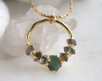 Raw emerald necklace, May birthstone, herkimer diamond, Raw stone jewelry, Gift for her