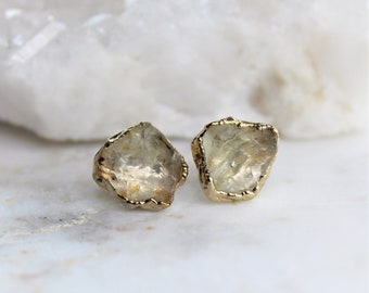 raw crystal earrings, sunstone studs, oregon sunstone earrings, raw gemstone earrings, raw studs, gold stud earrings