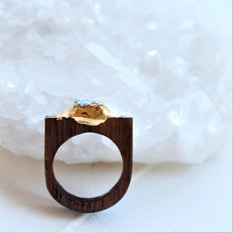 raw diamond ring, wood ring, raw gemstone jewelry, gold ring, organic jewelry, gift for her image 3