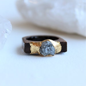 raw diamond ring, wood ring, raw gemstone jewelry, gold ring, organic jewelry, gift for her image 2