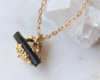 green tourmaline necklace, crystal jewelry, raw stone necklace, gold necklace