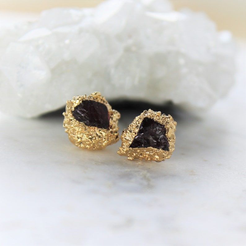 raw garnet earrings, january birthstone, rough garnet earrings, gold earrings, raw crystal earrings image 2