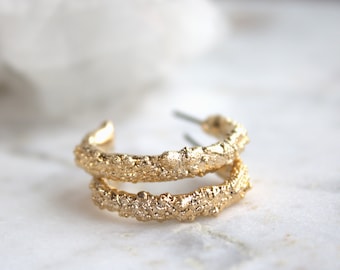 textured gold earrings, hoop earrings, gold nugget, organic jewelry, gift for her