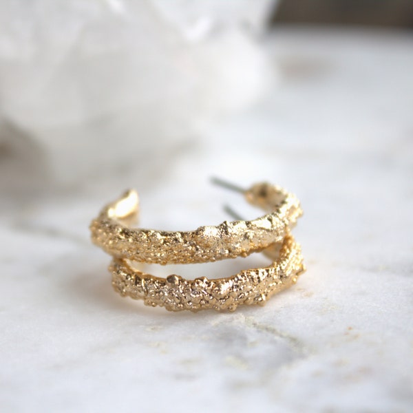 textured gold earrings, hoop earrings, gold nugget, organic jewelry, gift for her