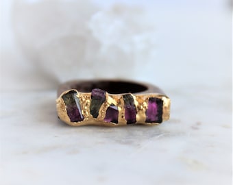 Tourmaline Ring, Walnut Wood, Organic Statement, Textured Gold, Gift For Her, Pink Tourmaline, Rose Cut Ring