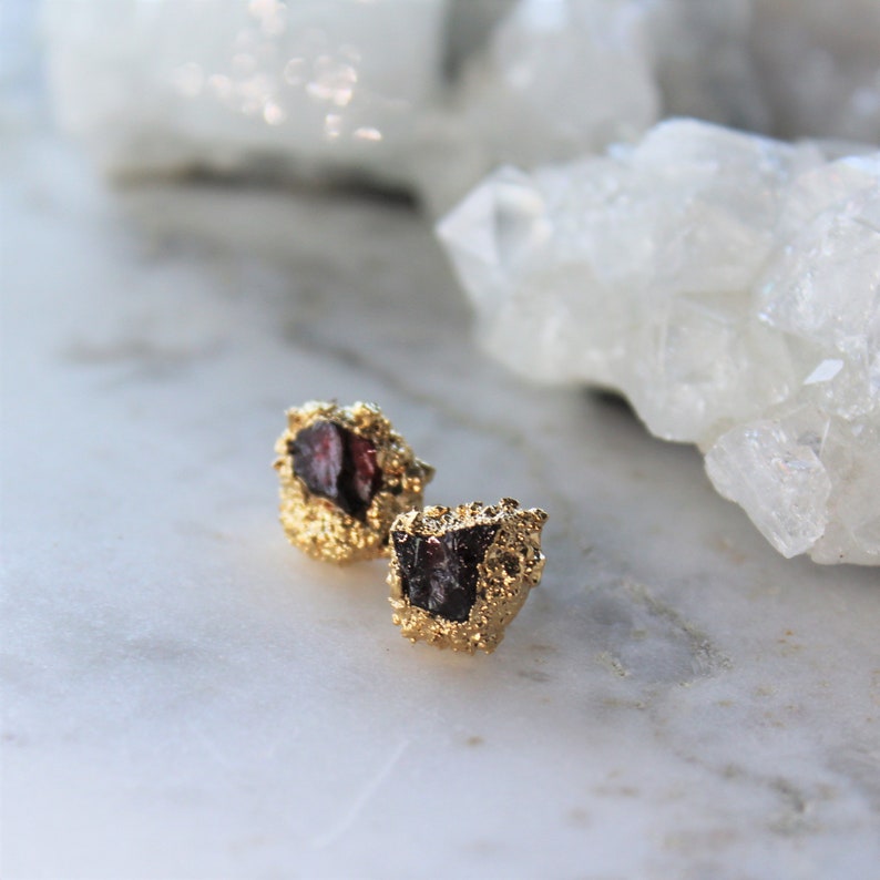 raw garnet earrings, january birthstone, rough garnet earrings, gold earrings, raw crystal earrings image 1