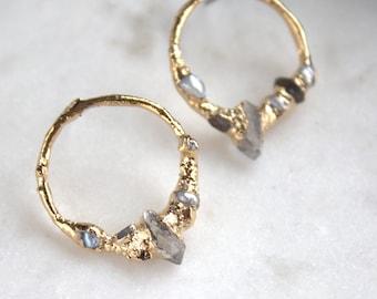 herkimer earrings, pearl jewelry, herkimer diamond, gold earrings, gold studs, raw gemstone jewelry