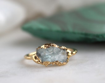 aquamarine ring, raw gemstone jewelry, blue stone, march birthstone, beryl ring