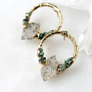 herkimer diamond earrings, raw crystal earrings, emerald earrings, post earrings, raw emerald, raw stone earrings image 2