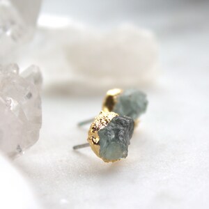 aquamarine studs, stud earrings, raw aquamarine, gold earrings, gold studs, raw gemstone jewelry, march birthstone