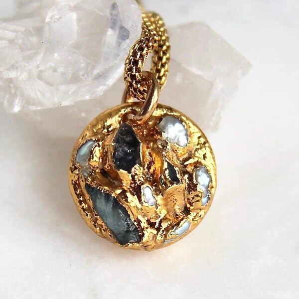 Raw Apatite Herkimer Diamond and Pearl Necklace: 18k Gold Dipped Stone Pendant, Ooak