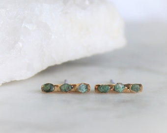 emerald studs, stud earrings, raw emerald, gold earrings, gold studs, raw gemstone jewelry, may birthstone
