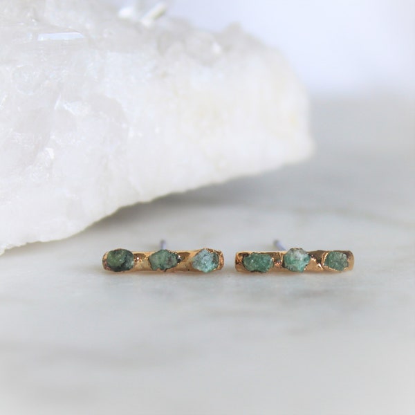emerald studs, stud earrings, raw emerald, gold earrings, gold studs, raw gemstone jewelry, may birthstone