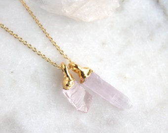 kunzite necklace, morganite jewelry, raw gold jewelry, gift for her, electroformed, pink stone, beryl jewelry, march birthstone