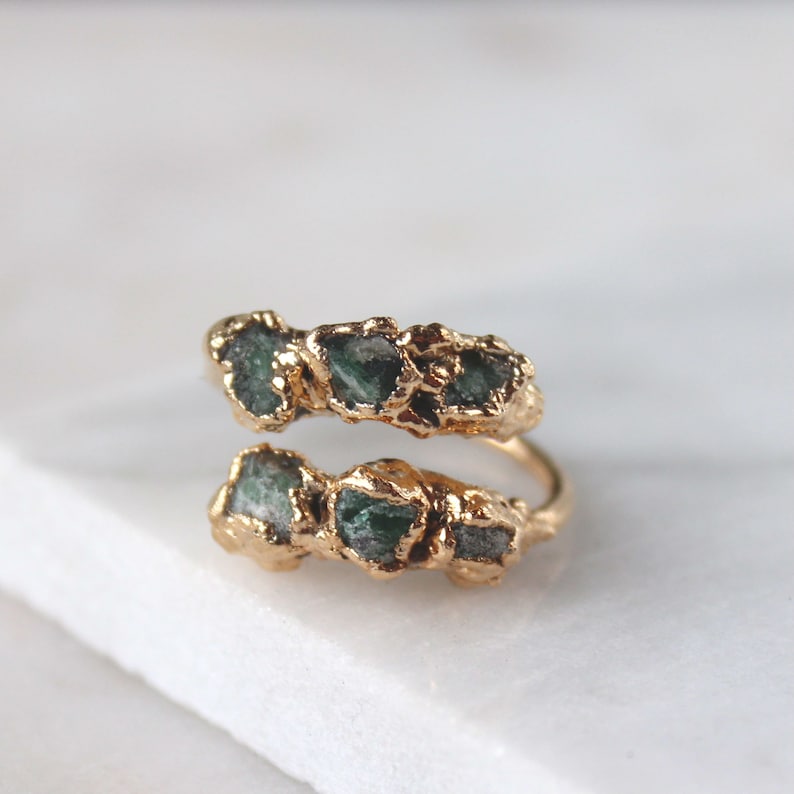 raw emerald ring, gold gemstone ring, open emerald ring, may birthstone image 1