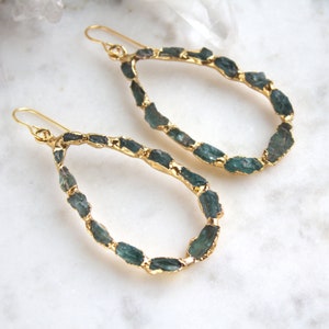 apatite earrings, apatite hoop earrings, apatite hoops, raw apatite earrings, raw apatite, gold earrings, gold hoops, statement earrings