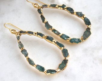 apatite earrings, apatite hoop earrings, apatite hoops, raw apatite earrings, raw apatite, gold earrings, gold hoops, statement earrings