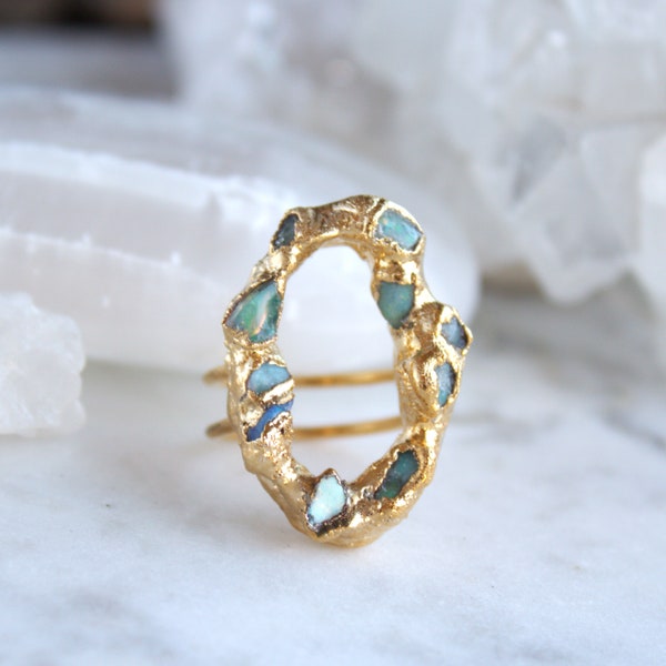 raw opal ring, diamond ring, gold gemstone ring, open gold ring, october birthstone