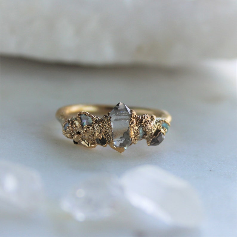 herkimer diamond ring, pearl ring, wedding jewelry, bridal jewelry, raw crystal jewelry, raw stone ring, June birthstone image 1