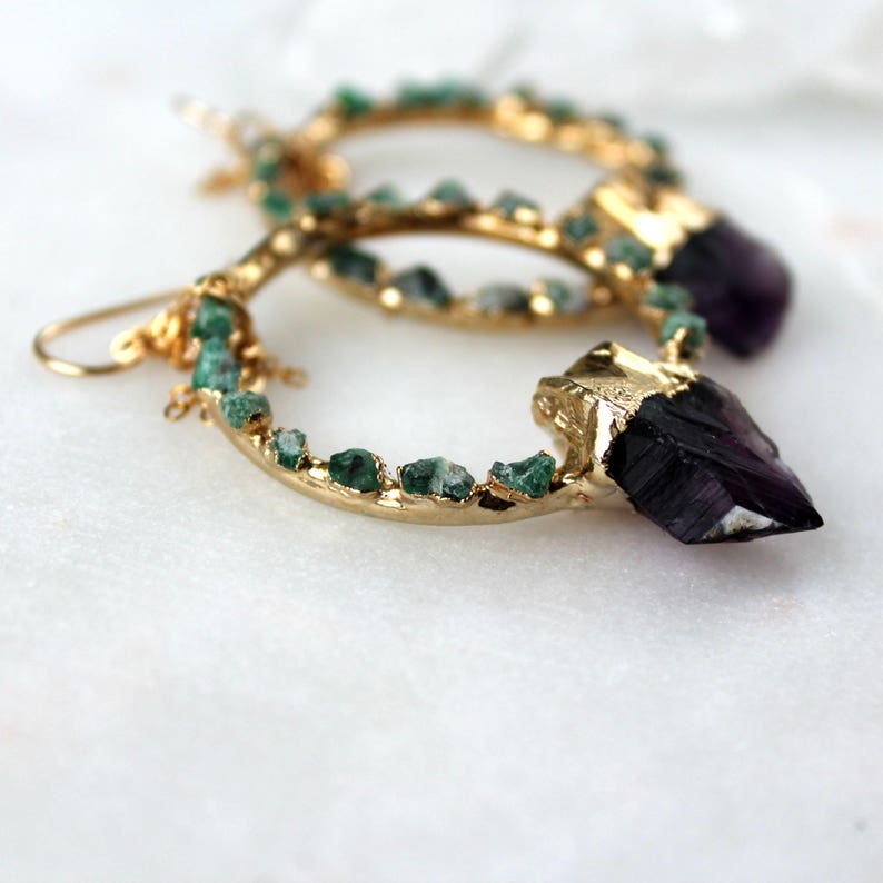 Raw amethyst earrings, February birthstone, Raw emerald hoops, Statement hoops, Tassel earrings, May birthstone 