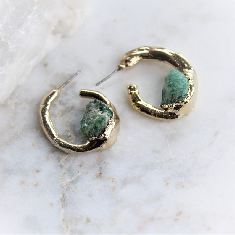 ON SALE emerald earrings, raw emerald earrings, raw hoop earrings, raw stone earrings, may birthstone, raw stone jewelry