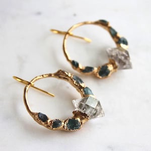 Herkimer Diamond & Apatite Earrings: Raw Crystal Gold Dipped Post Earrings