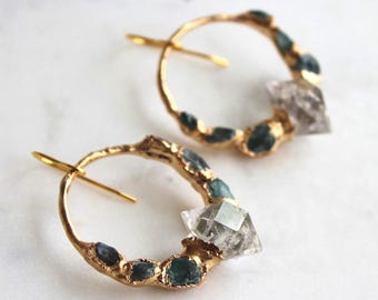 Herkimer Diamond & Apatite Earrings: Raw Crystal Gold Dipped Post Earrings