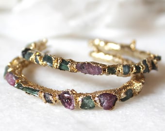 tourmaline hoops, raw tourmaline, raw stone jewelry, rough stone, gold hoops, tourmaline hoop