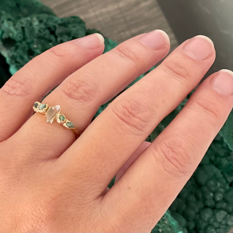 herkimer diamond ring, pearl ring, wedding jewelry, bridal jewelry, raw crystal jewelry, raw stone ring, June birthstone image 3