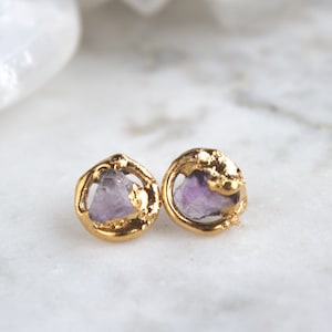 raw purple amethyst crystal gemstone gold stud earrings image 1