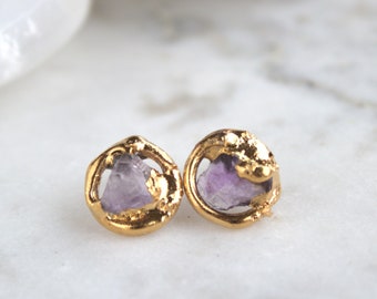 raw purple amethyst crystal gemstone gold stud earrings