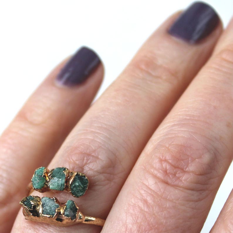 raw emerald ring, gold gemstone ring, open emerald ring, may birthstone image 3