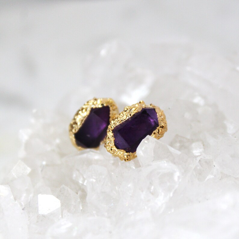 Amethyst Earrings, Raw Crystal Studs, Gold Crystal Earrings, Crystal