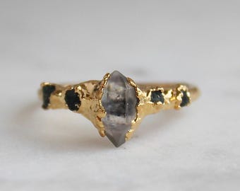 herkimer diamond ring, raw crystal jewelry, emerald ring, raw emerald, raw stone ring, may birthstone