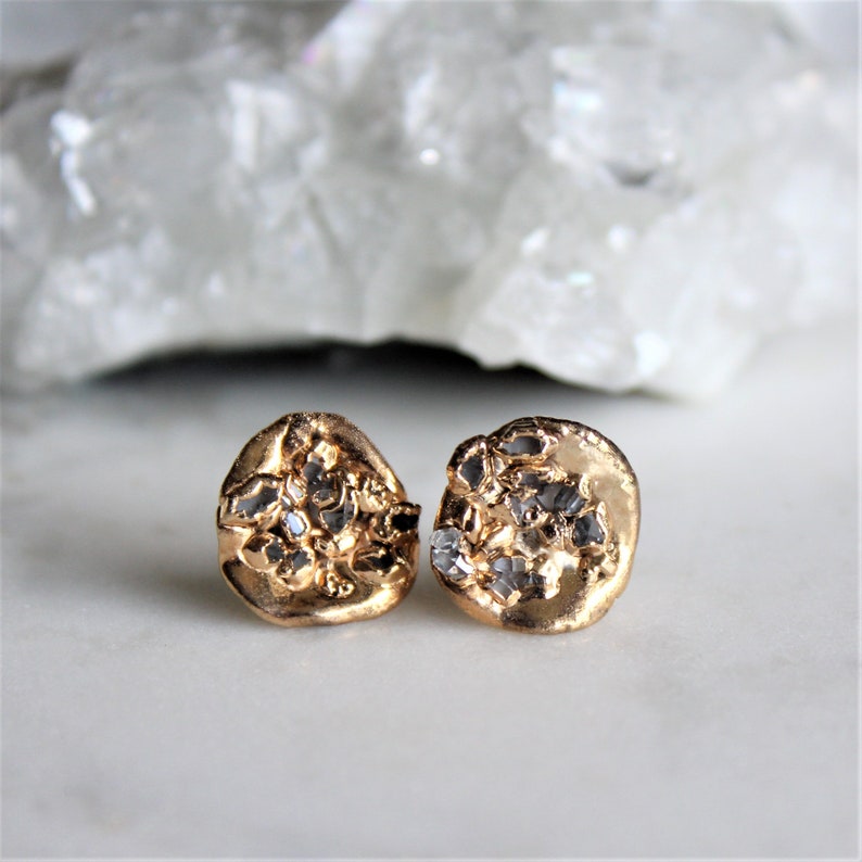 herkimer diamond studs, diamond earrings, herkimer diamond, gold stud earrings, electroformed, gifts for her image 1